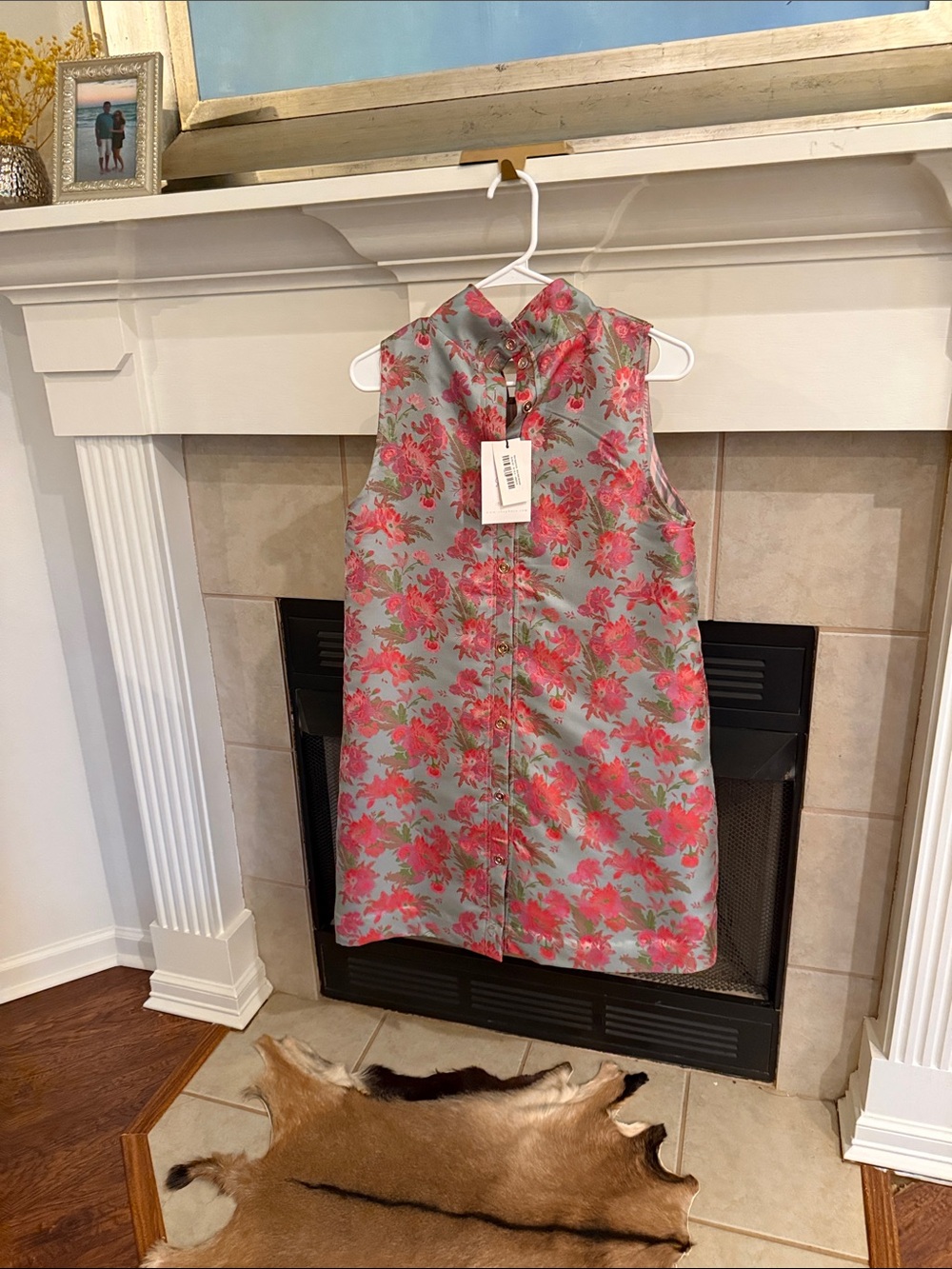 Sleeveless Floral Shift Dress - Pink Floral on Light Blue - Picture 2 of 6